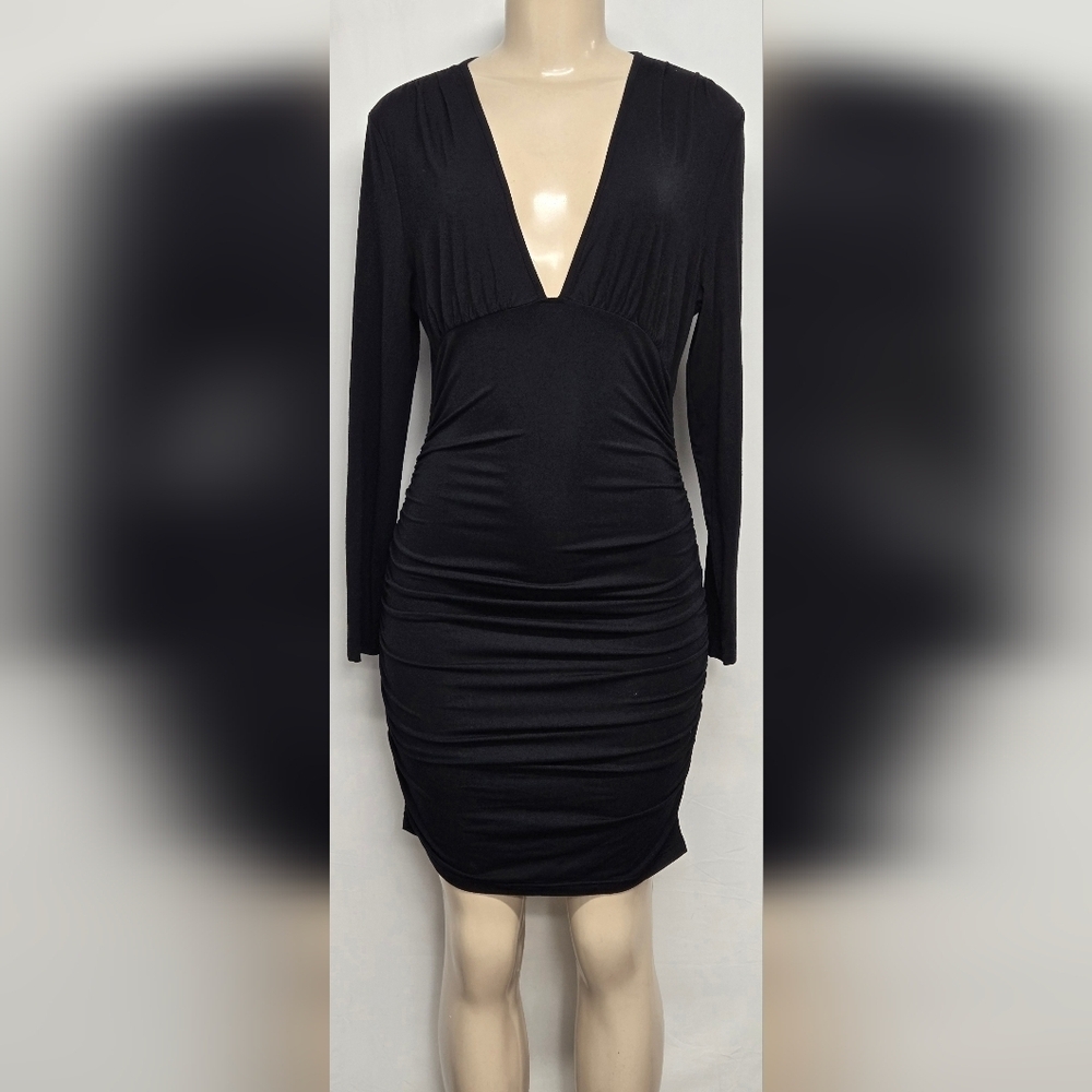 Shein Petite L Long Sleeve Dress Stretch Fitted Sheath Gathered Ruched Sides